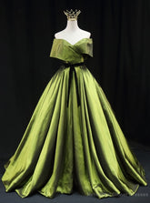 Green Satin Off the Shoulder Pleats Prom Dress With Belt